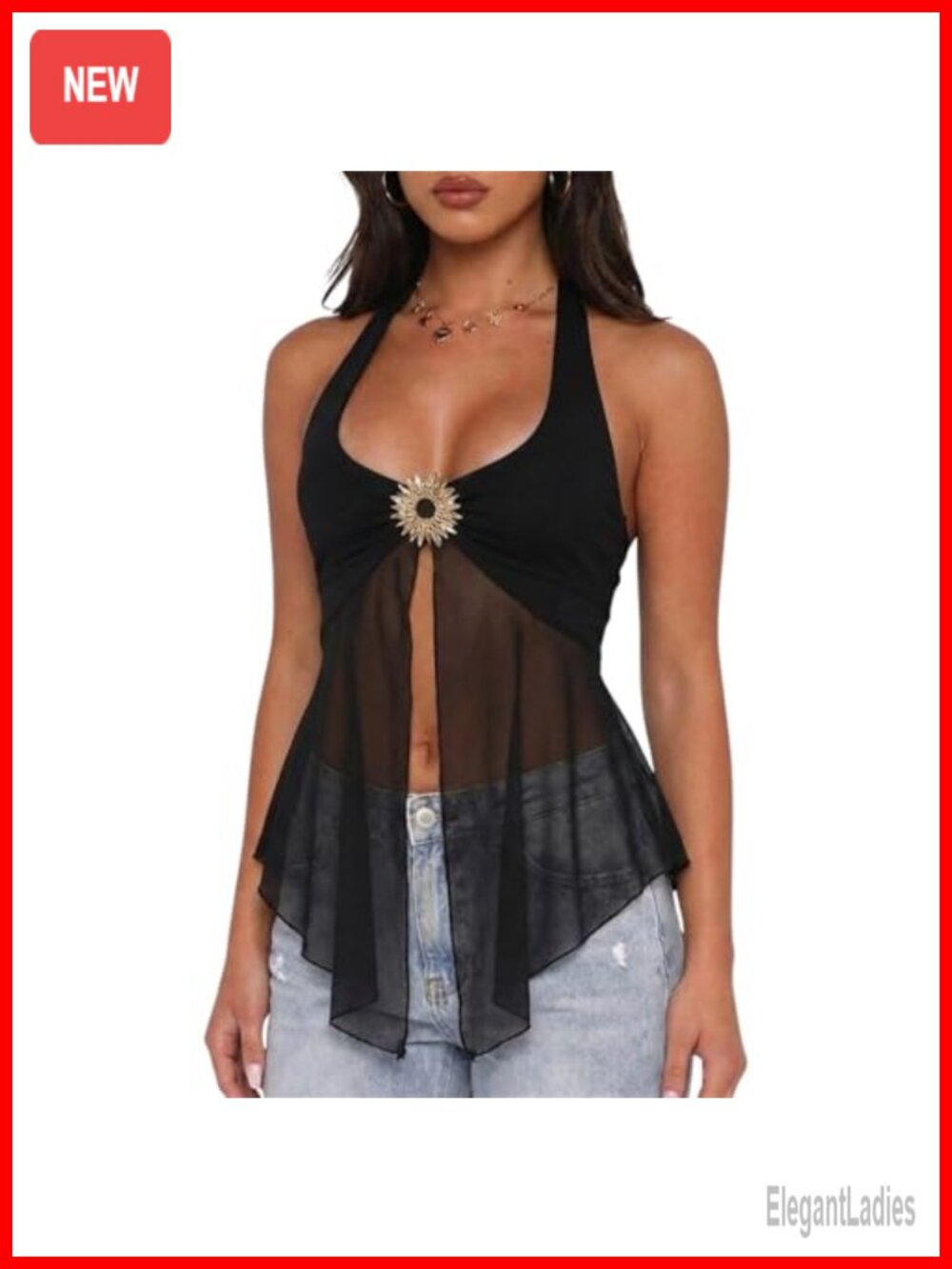 Women Sheer Mesh Flowy Halter Top Y2K Plunge Tie Neck Sleeveless